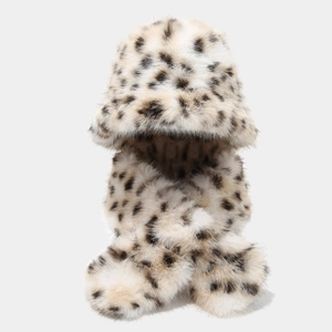 Chic leopard print winter set with faux fur bucket hat and matching scarf for women