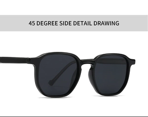 Detailed 45-degree side view of black vintage square sunglasses with polarized lenses