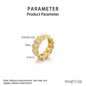 Detail shot of 8mm wide golden Cuban link ring with pavé-set stones in stainless steel