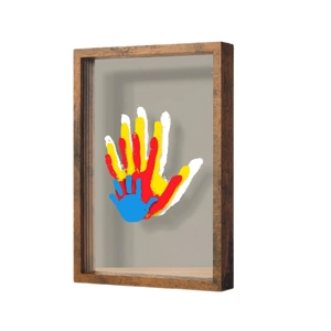 DIY walnut wood shadow box frame with four-layered colorful family handprint art