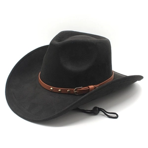 Black faux suede western cowboy hat with studded leather band and adjustable chin strap