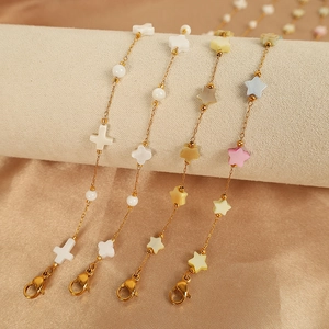 Minimalist gold shell necklace and bracelet set with colorful macaron cross pendants