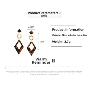 Detail view of geometric leopard print earrings with size dimensions and material info