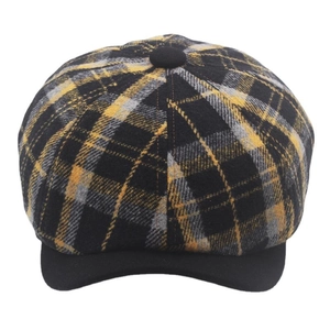 Retro colorful plaid newsboy cap in wool blend for women with black brim and top button