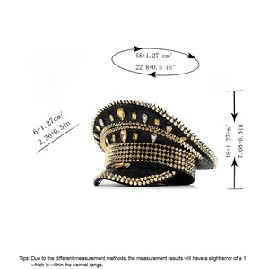Detailed size guide showing measurements for the sequin captain hat with gold studs