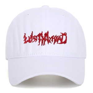 Detailed close-up of LOSTMYHEAD red embroidery on white cotton twill baseball cap