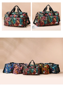 Detail showing tropical print travel tote bags in multiple colors and patterns