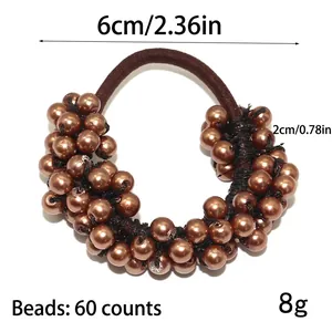 Brown braided hair tie with 60 brown beads and elastic cord, size 6cm diameter