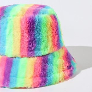 Rainbow striped faux rabbit fur bucket hat for winter featuring soft plush material