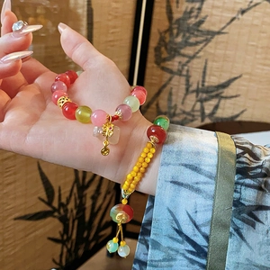 Neo-Chinese geometric flower and butterfly bracelet with pink agate beads and tassels