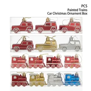 Christmas Tree Ornaments Plastic Glitter Train Car Hanging Decorations Holiday Party Props Cartoon Style