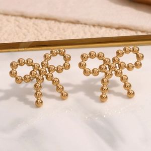 Detailed close-up of 18K gold plated stainless steel bead bow knot stud earrings
