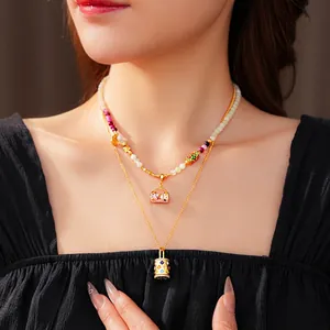 Vintage Enamel Zircon Bag Lock Pendant Necklace Alloy Bead Clavicle Chain Light Luxury Elegant Jewelry For Women