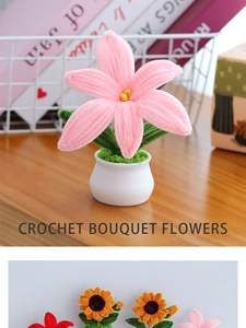 Close-up of handmade crochet sunflower and lily potted flowers on a wooden desk