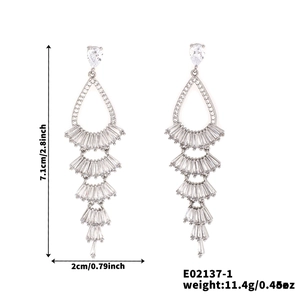 Detailed size chart of silver tassel drop earrings with zircon measuring 7.1cm in height
