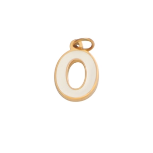Macro detail of a gold-plated letter O pendant with white enamel inlay for DIY necklaces