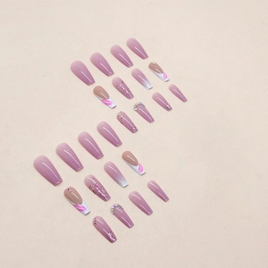 Long coffin glitter fake nails with purple gradient, rhinestones, and French tip designs