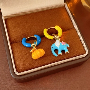 Enamel Elephant Pumpkin Asymmetric Hoop Earrings Copper Jewelry With Silver Earring Post Cute Cartoon Style For Women