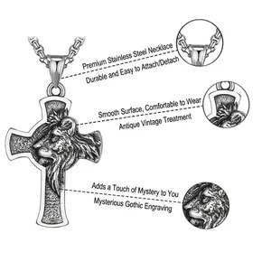 Vintage stainless steel lion head cross necklace with gothic relief on a metal chain