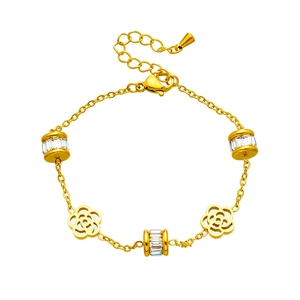 Gold-plated chain bracelet featuring hollow camellia flower charms and crystal cylinder beads