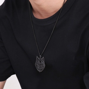 Collier hip-hop pour homme en acier inoxydable noir avec pendentif tête de loup géométrique