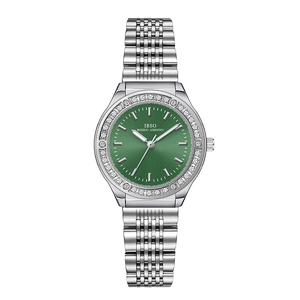IBSO women's silver stainless steel watch with green dial and crystal-set bezel