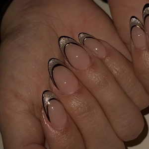Press On Nails Short Almond French Cat Eye Gold Curve Nude Pink Glitter Fake Nail Tips For Women