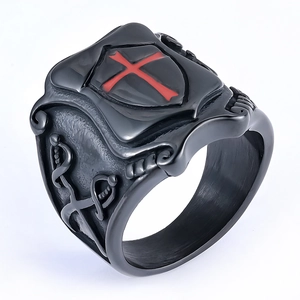 Men's medieval crusader shield ring with red enamel cross and sword relief