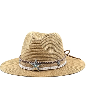 Woven Paper Straw Fedora Hat Wide Brim Bohemian Western Cowboy Style With Metal Star Turquoise Sun Protection For Women Men