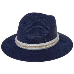 Chapeau Panama bleu marine pour femme avec perles blanches et chaîne dorée élégante