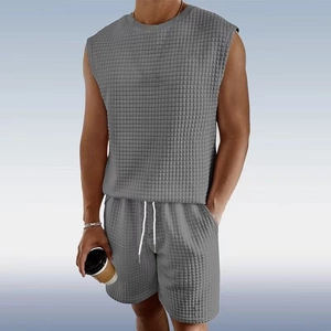 Men's grey waffle knit sleeveless top and drawstring shorts set for summer sports casual wear