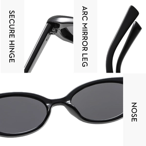 Detail of secure metal hinges and ergonomic curved temples on black oval sunglasses