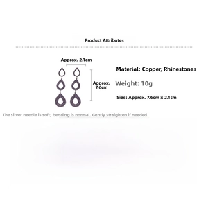 Detail view showing size measurements of the crystal drop tassel earrings with silver needle