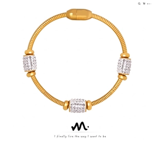 Snake Chain Bracelet Titanium Steel Zircon Rhinestone Cylinder Beads Magnetic Clasp Gold Plated Elegant Women Jewelry