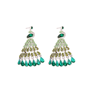 Elegant vintage peacock tassel earrings with emerald crystals and silver posts