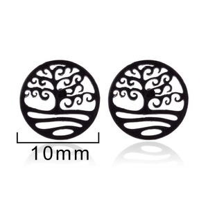 Minimalist black stainless steel tree of life stud earrings in 10mm hollow round design