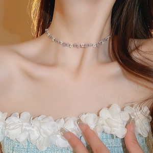 Fresh summer beaded flower necklace in purple and white, handcrafted floral jewelry piece