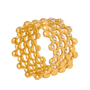 Gold mesh hollow ring with sparkling Czech crystals in durable titanium steel finish