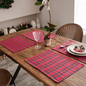 Christmas Plaid Placemats Heat Resistant Double Layer Cotton Polyester Table Decoration American Retro Rectangular Dining Home