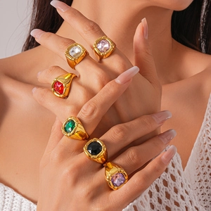 Vintage Geometric Square Zircon Ring Stainless Steel Gold Plated Colorful Chunky Minimalist Jewelry For Women