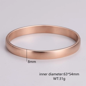 Detail view of 8mm rose gold matte finish bangle with 63x54mm dimensions and buckle clasp
