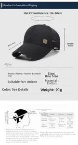 Detailed size chart for cotton mesh baseball cap showing brim and head measurements