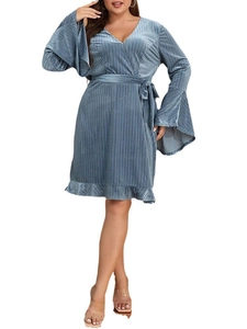 Light blue velvet V-neck dress with flared sleeves and a belted waist for women