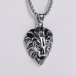 Polished silver lion head pendant for men crafted in high-grade stainless steel