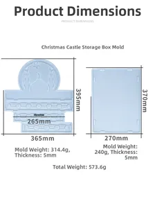 Detailed size chart for blue silicone Christmas castle and Eid storage box resin molds