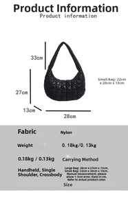 Detailed size chart for large and small black quilted nylon puffy shoulder bags