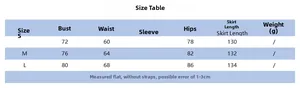 Detailed size guide table for women sleeveless solid color dress with measurements