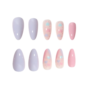 Almond shaped press-on nails set featuring lavender pink colors and colorful heart patterns