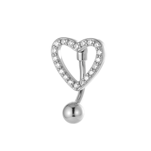 Silver hollow heart belly button ring with micro-paved cubic zirconia accents