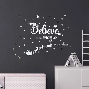 Weihnachts Spiegel Wandaufkleber Acryl Believe Magic Zitat Dekor Weihnachtsmann Schlitten Rentier Stern DIY Feiertag